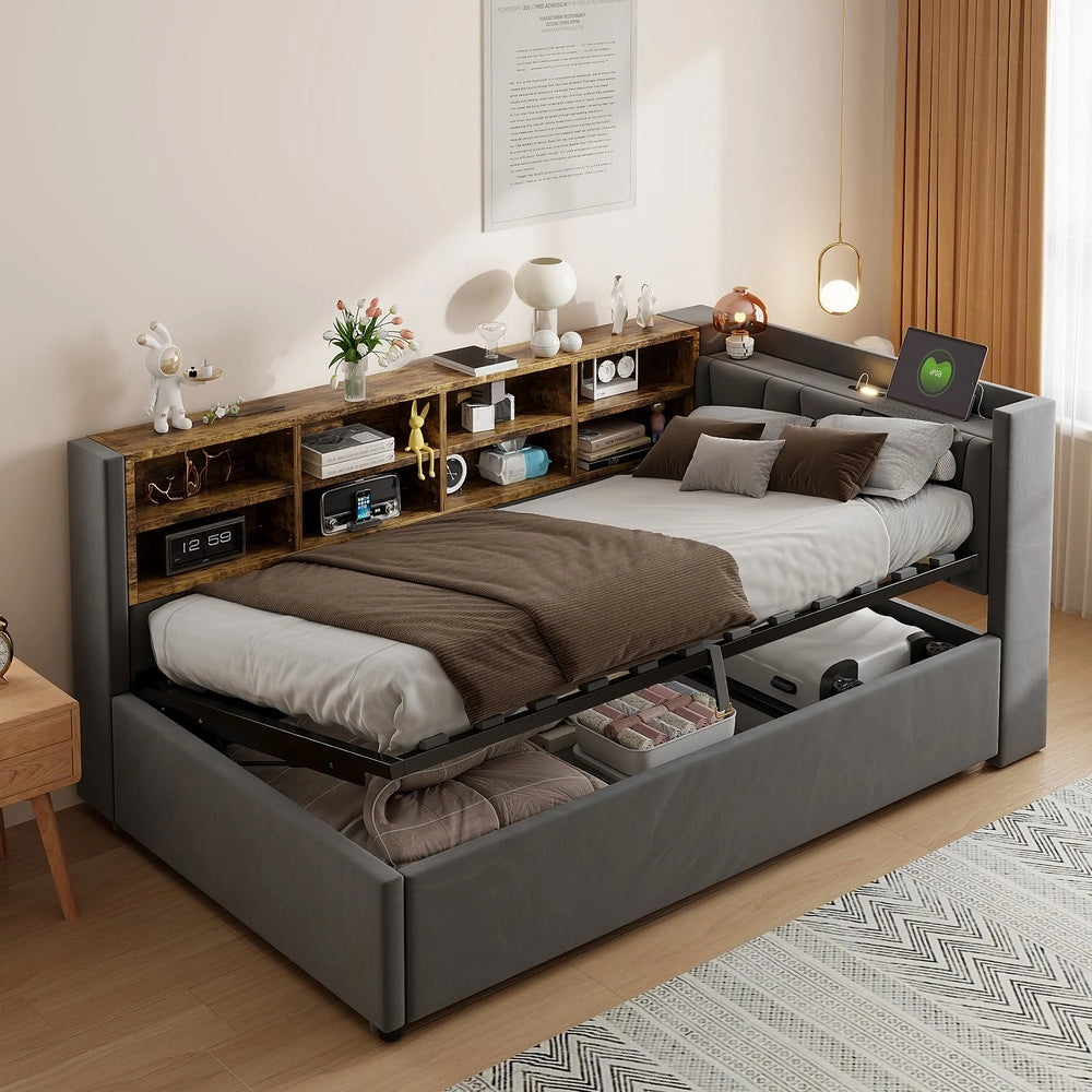 Letto Imbottito Contenitore 90x200 con Luce LED e USB ¨C MINIMAL ¨C Velluto Grigio Scuro