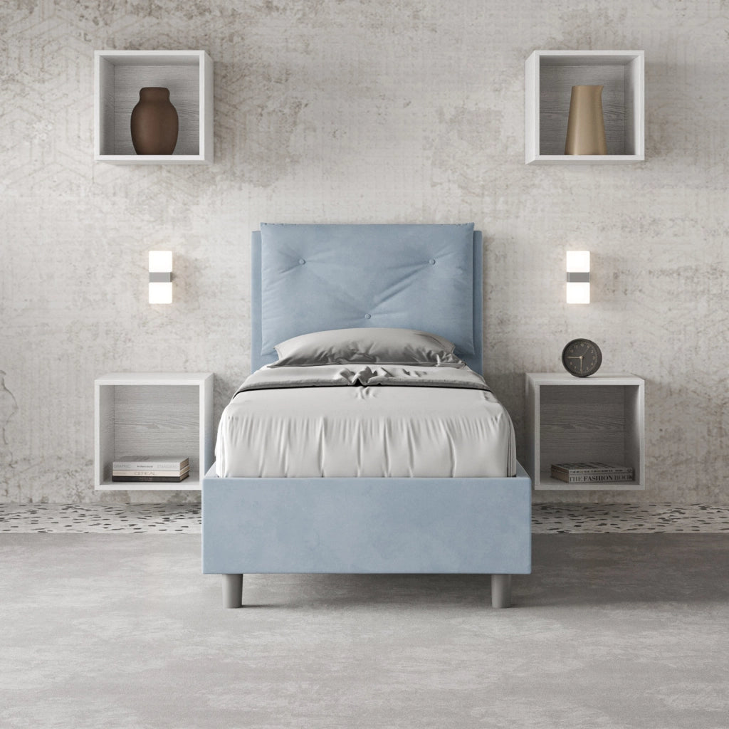 BS COM Letto singolo contenitore imbottito 90x210 microfibra azzurro