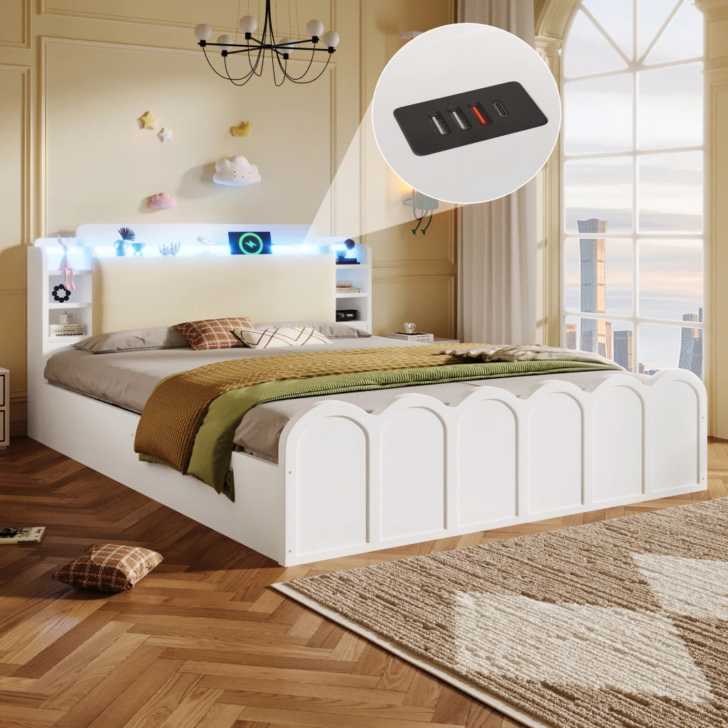 Letto Contenitore Imbottito con LED e USB ¨C MINIMAL ¨C Bianco 140x200