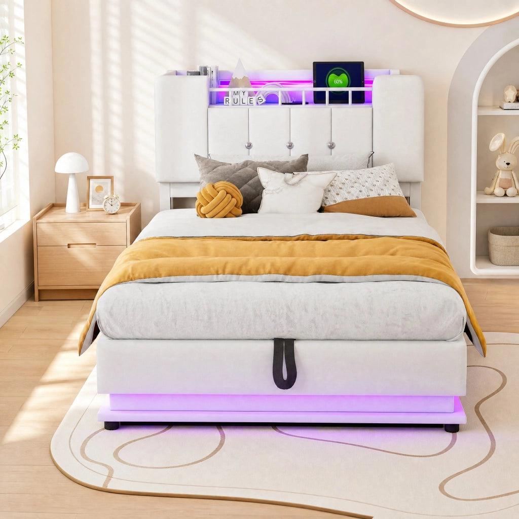 LETTO Polsterbett per bambini 90x200 cm Beige con LED, USB e contenitore