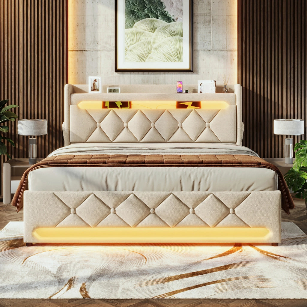 Letto Matrimoniale Imbottito con Contenitore Idraulico e LED ¨C MINIMAL ¨C Beige, 180x200