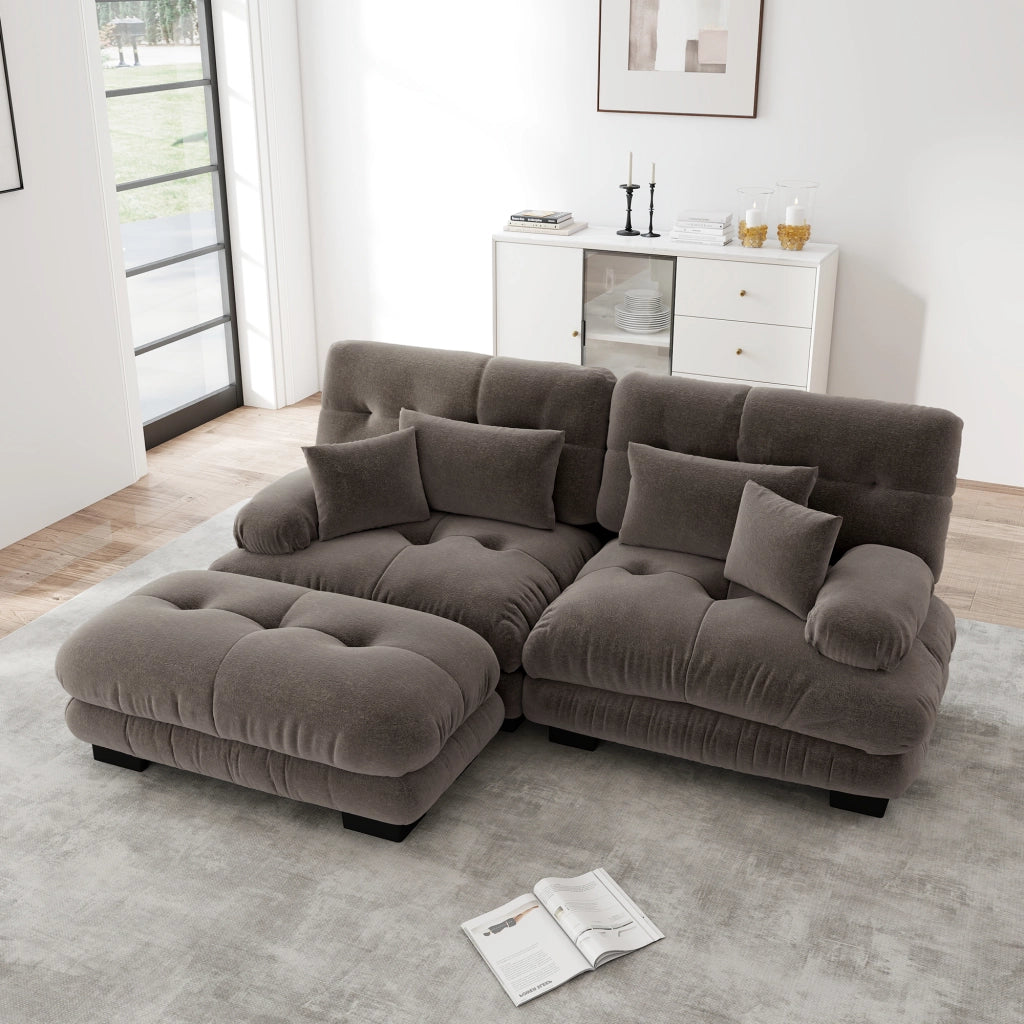 Divano Angolare Chenille con Ottoman ¨C Xylo ¨C Marrone, Braccioli Larghi, Cuscini