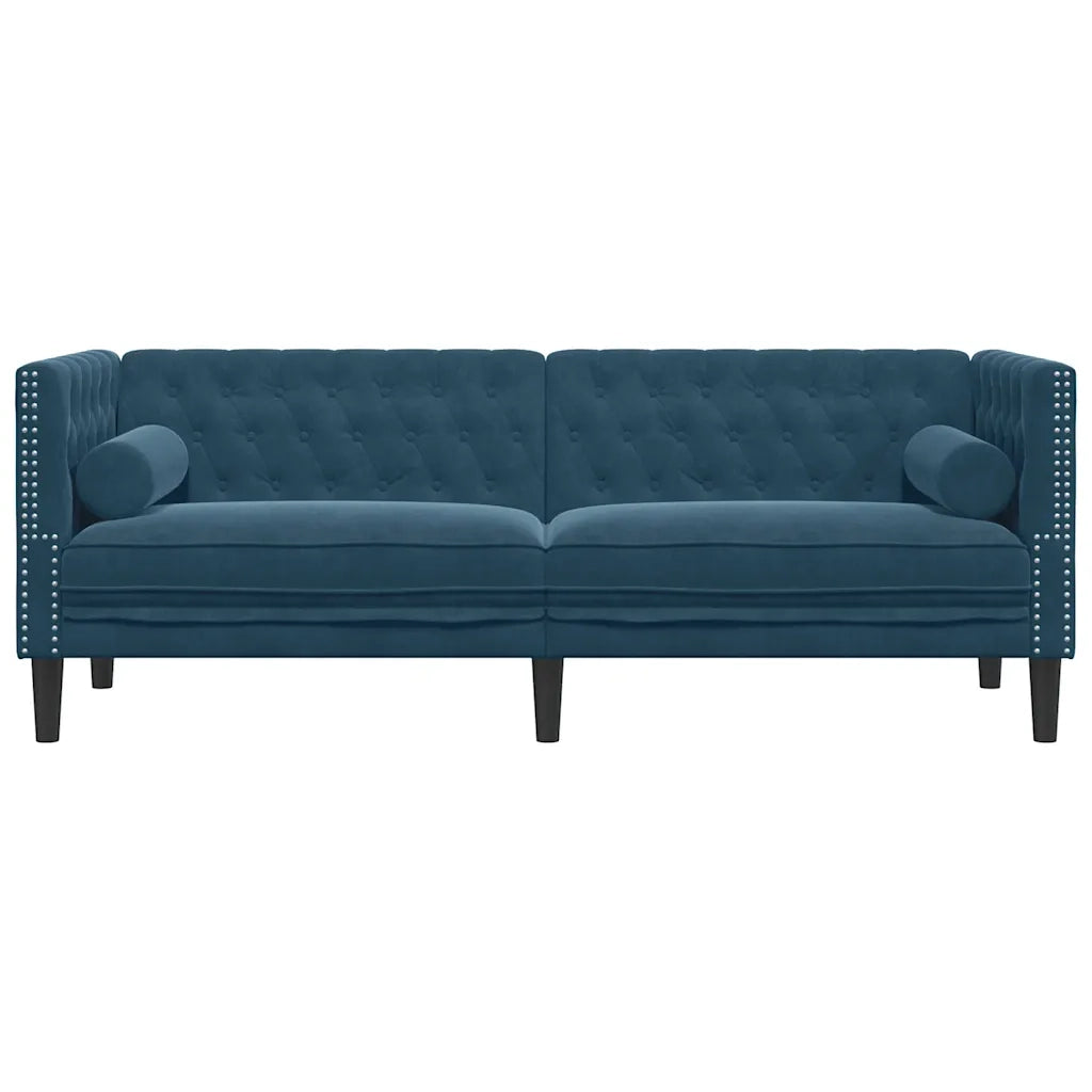 Divano Chesterfield con Rinforzi 3 Posti Blu in Velluto 372701