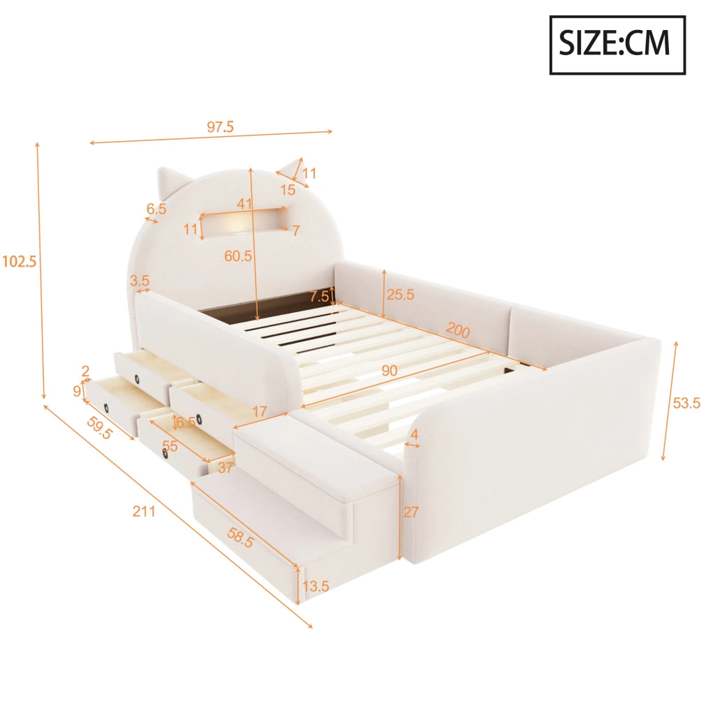 Letto imbottito per bambini 90x200 cm in velluto con testiera a orecchie, luci notturne, USB e 4 cassetti, beige