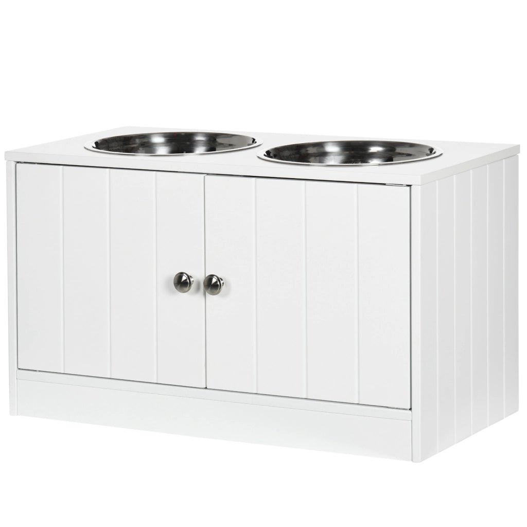 Ciotola Rialzata per Cani con Mobile Contenitore 44L e 2 Ciotole Acciaio ¨C Xylo ¨C Bianco 60x30x35.5cm