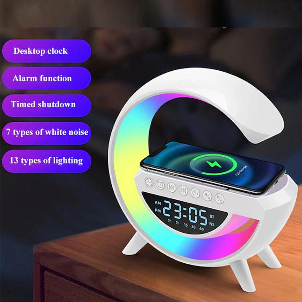 Trade Shop - Lampada Led Caricabatteria Wireless Cassa Speaker A Forma G Con Sveglia Display -