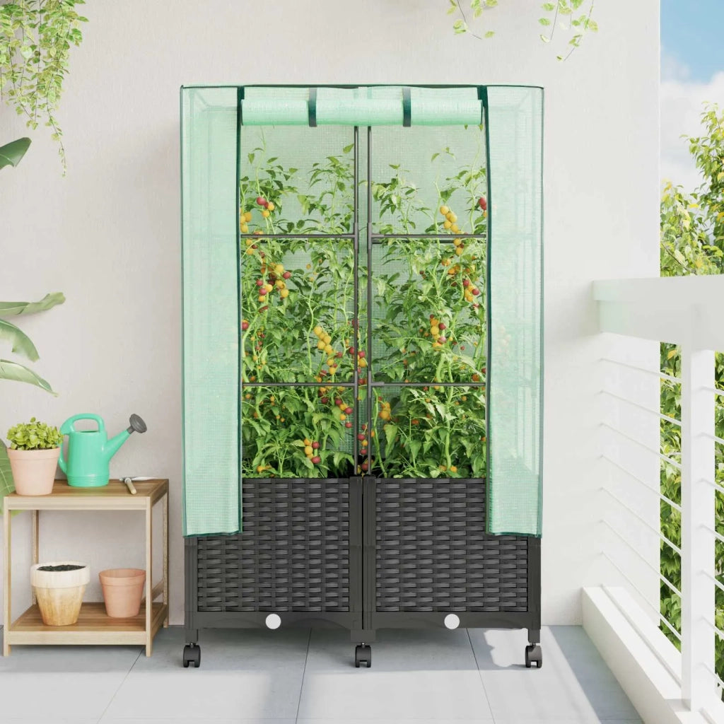 Vaso da Giardino con Copertura per Serra e Ruote 2 pz Nero PP 3422980