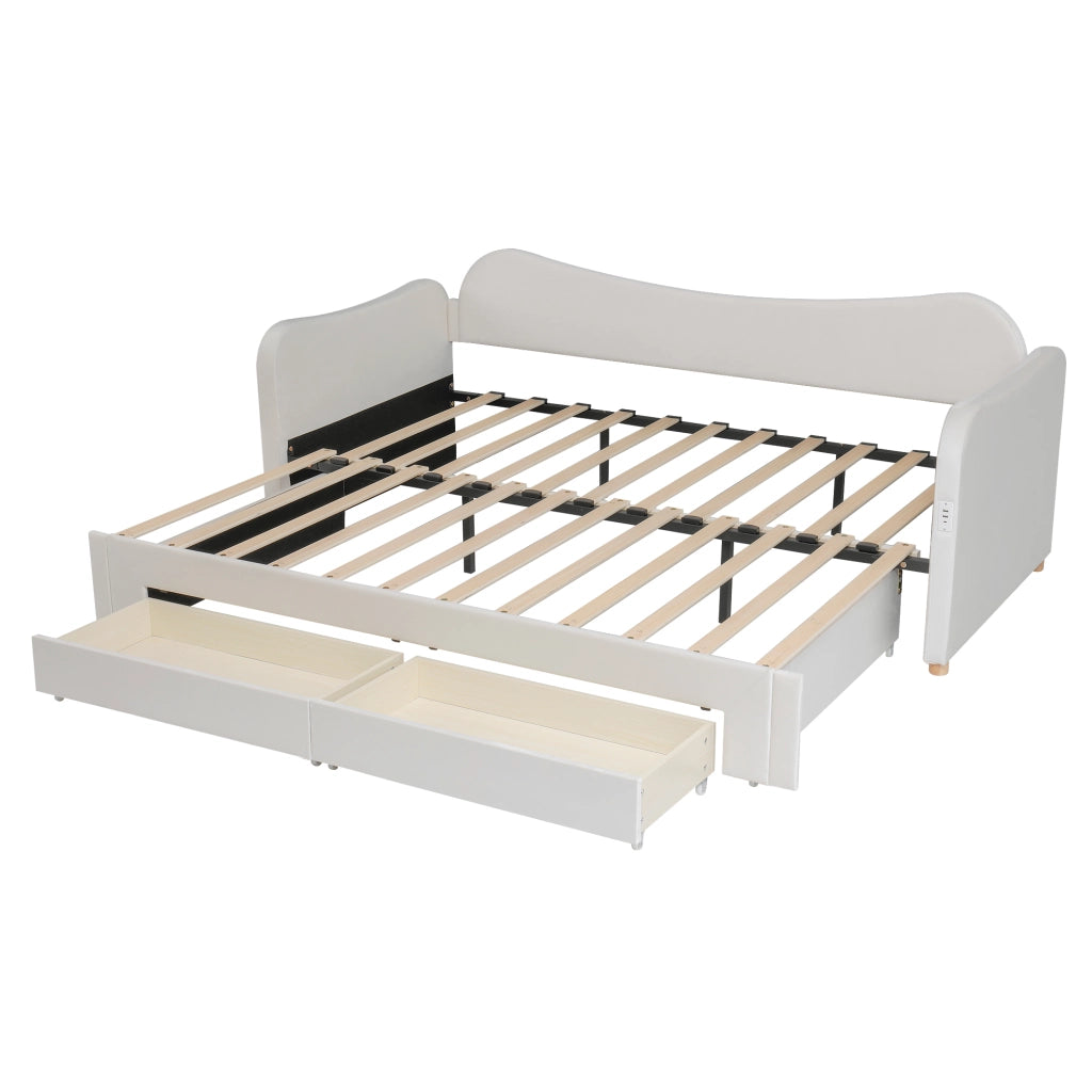 Letto Imbottito Contenitore con 2 Cassetti e USB ¨C MINIMAL ¨C Velluto Beige 90x200 cm