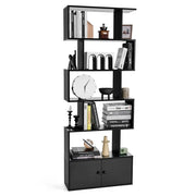 Libreria a forma di S a 5 livelli con ante, Scaffali decorativi in legno per il soggiorno l'ufficio Nero
