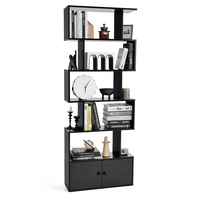 Libreria a forma di S a 5 livelli con ante, Scaffali decorativi in legno per il soggiorno l'ufficio Nero