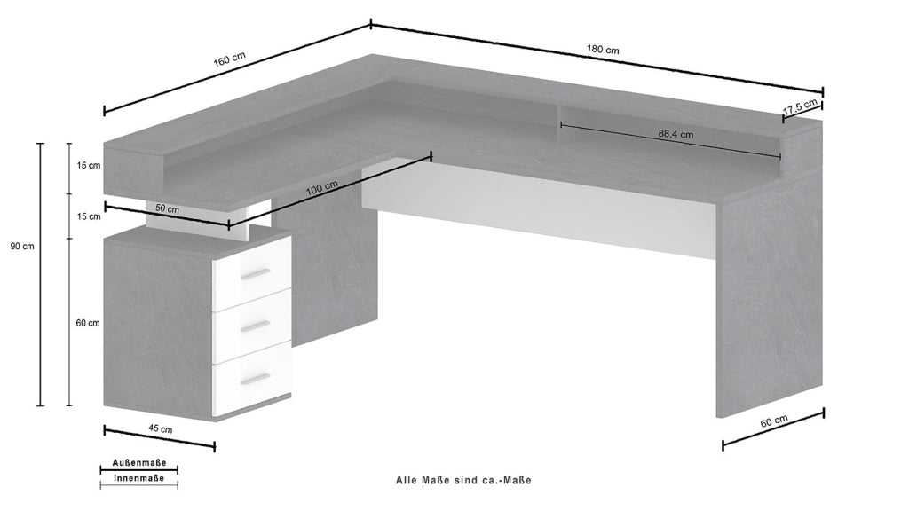 Scrivania Angolare 3 Cassetti e Ripiani a Giorno 180/160x60x90 cm New Selina Bianco Lucido