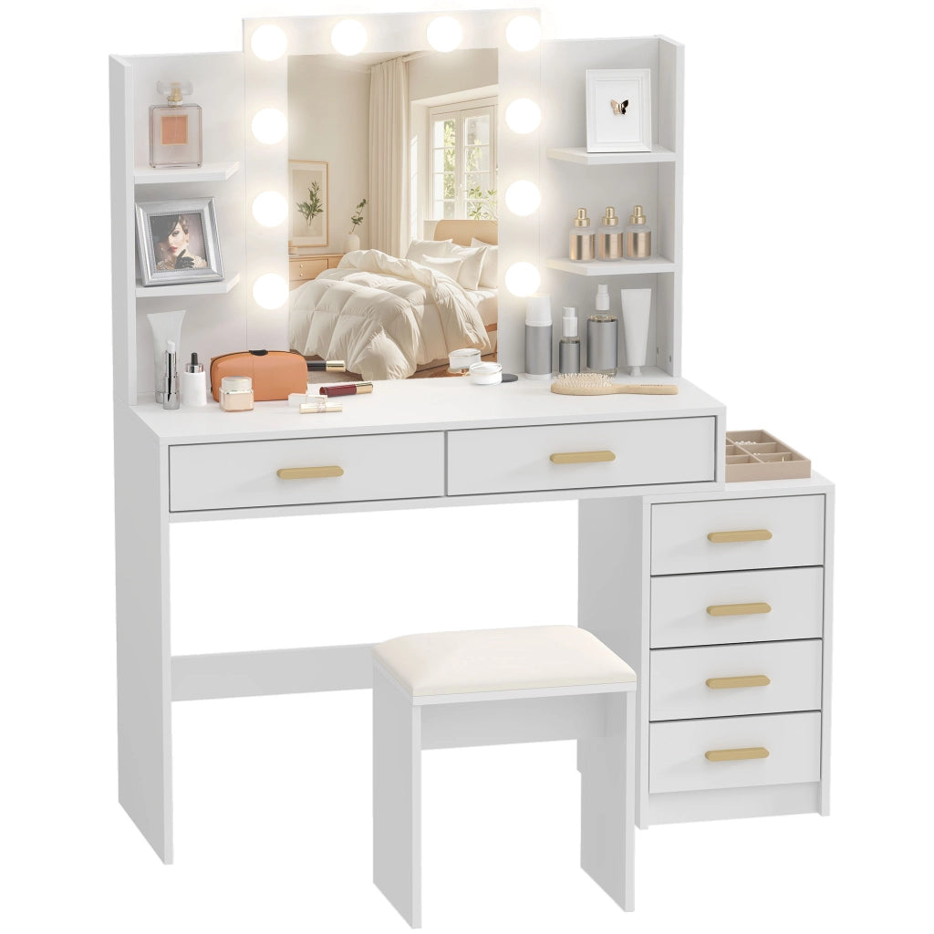 Scrivania Trucco con Specchio Illuminato e Sgabello Imbottito ¨C Minimal ¨C Bianco 6 Cassetti