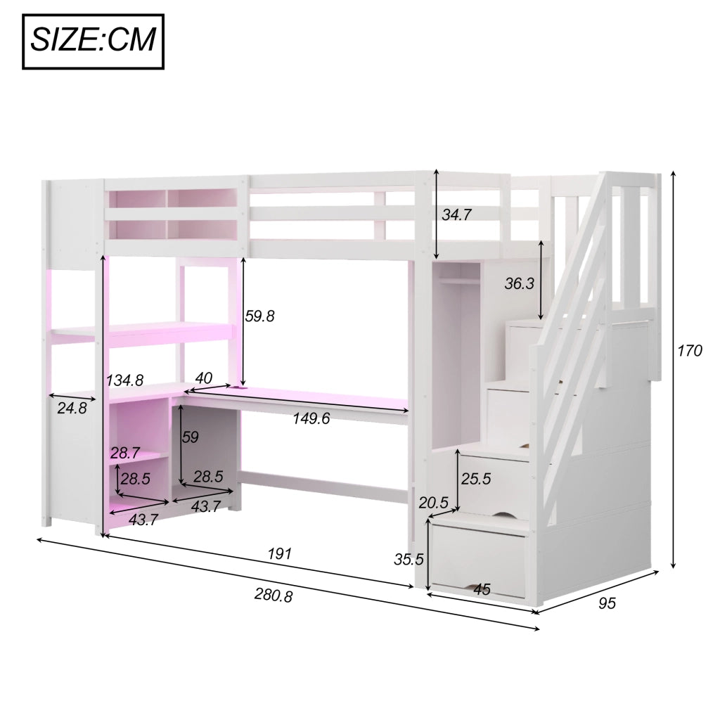 Letto a Soppalco con Scrivania e Armadio ¨C MINIMAL ¨C Legno Bianco, LED, 90x200