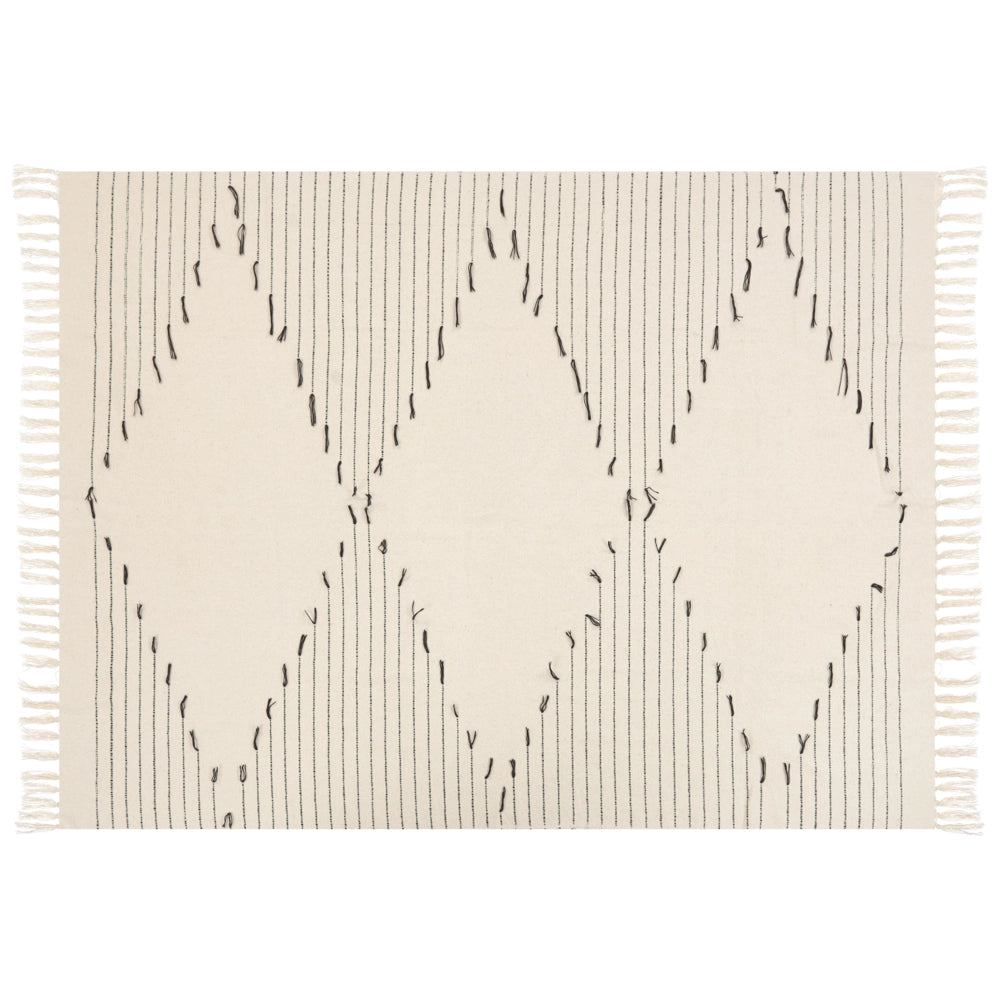 Coperta in cotone bianco e nero 130 x 170 cm con motivo a righe e frange decorative, fatta a mano.