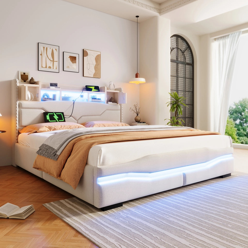 Letto Imbottito Contenitore con LED e USB ¨C MINIMAL ¨C 160x200, Beige, Idraulico