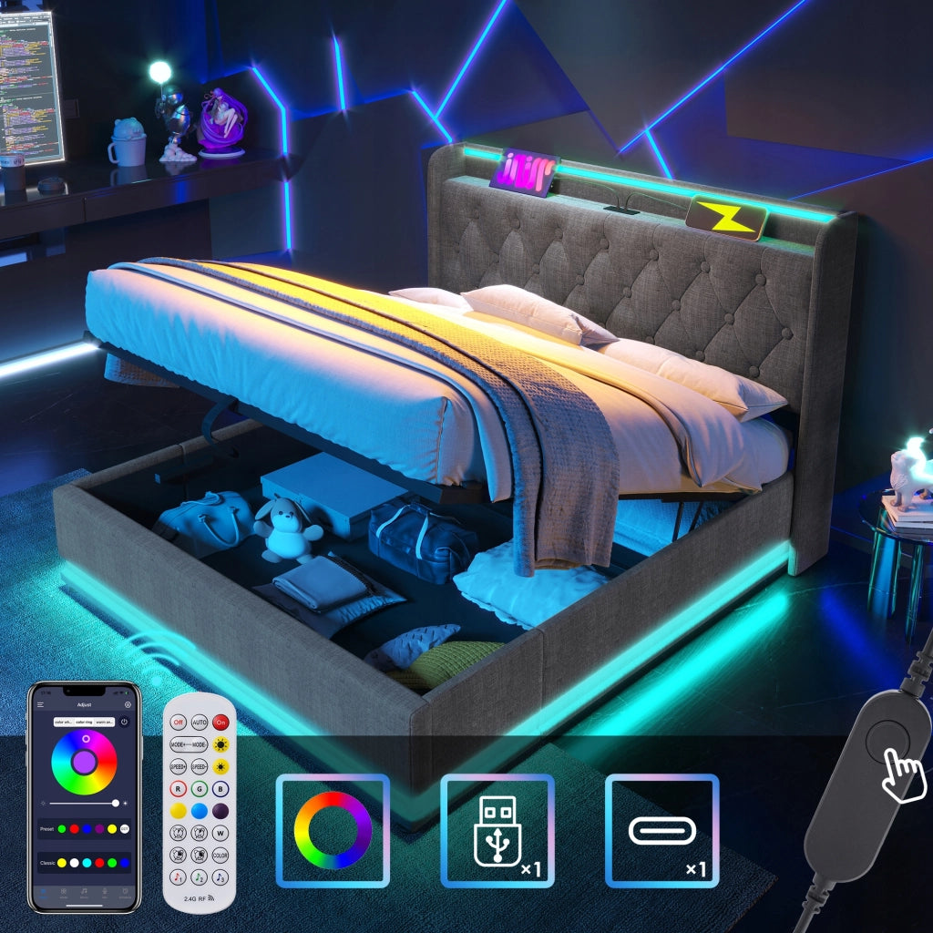 Letto imbottito 140x200 - Xylo - Grigio, idraulico, LED, USB-C