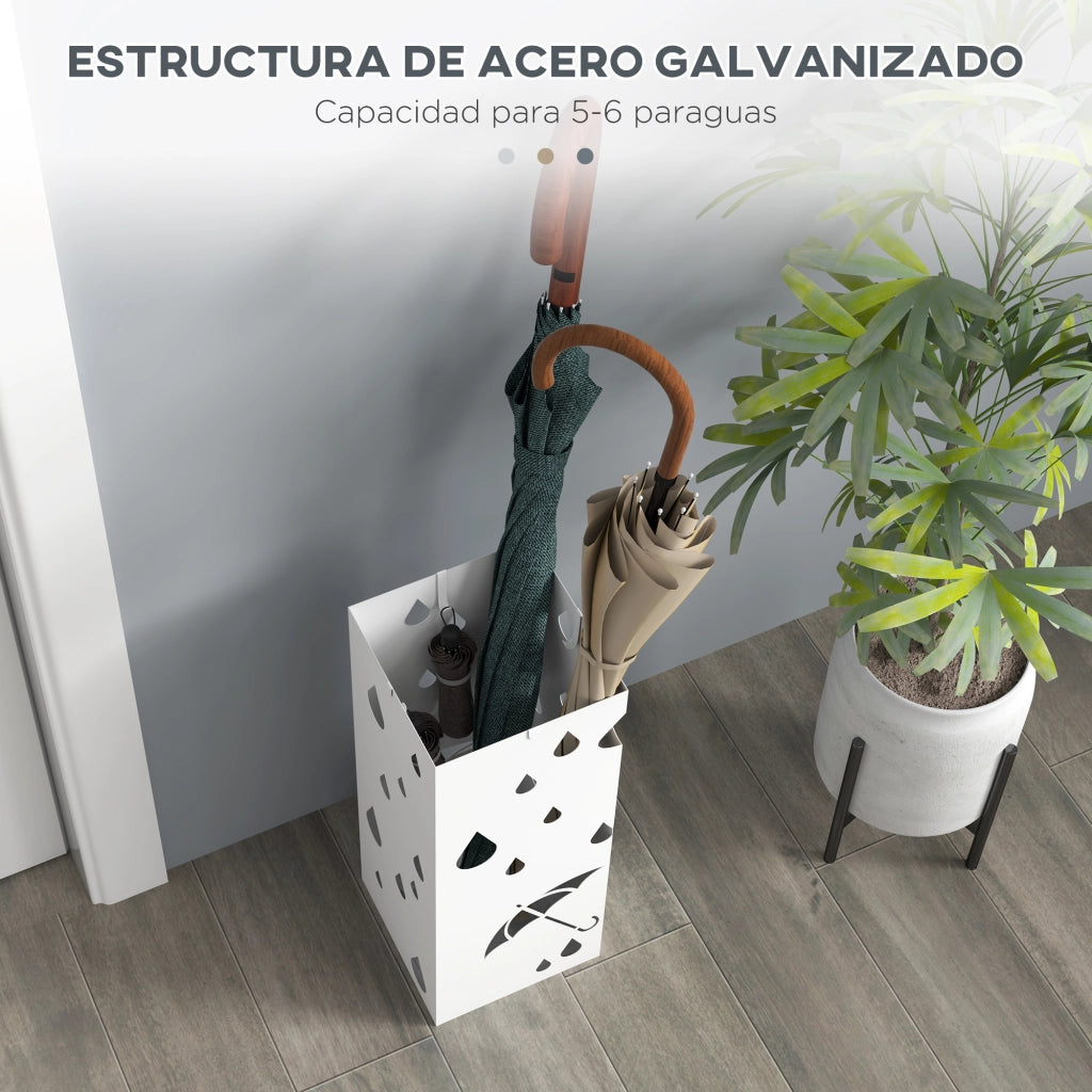 Portaombrelli in Acciaio con 4 Ganci e Bandeja di Gocciolamento ¨C zephmum ¨C Bianco 15.5x15.5x41 cm