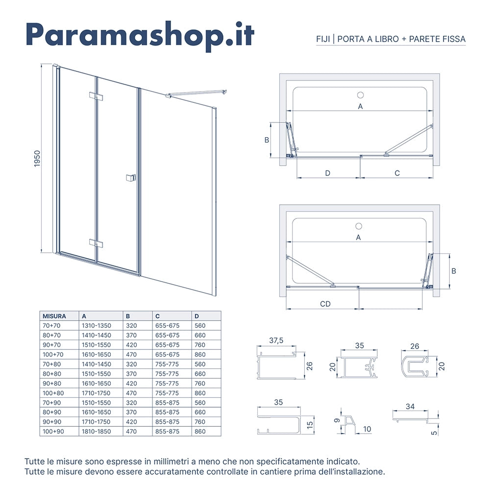Porta doccia 171-175cm profili cromati apertura libro a sinistra con parete fissa vetro 8mm trasparente h195 | Fiji