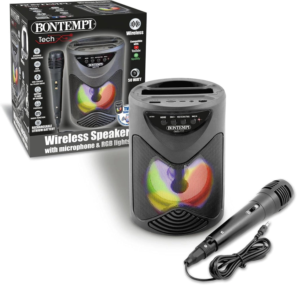 Amplificatore Wireless Karaoke con Microfono Dinamico, Vano Porta Smartphone, Effetti Luminosi ed Effetto Eco, 18,9x15,9