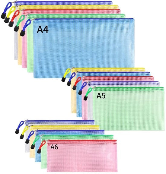 Documentetasse - Pochette zip - Resistente e impermeabile - A4+A5+A6 - Utile per documenti - 15 pezzi