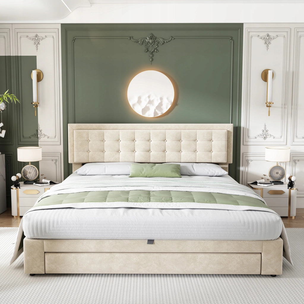 Letto imbottito con cassetti - Xylo - 160x200 - Beige