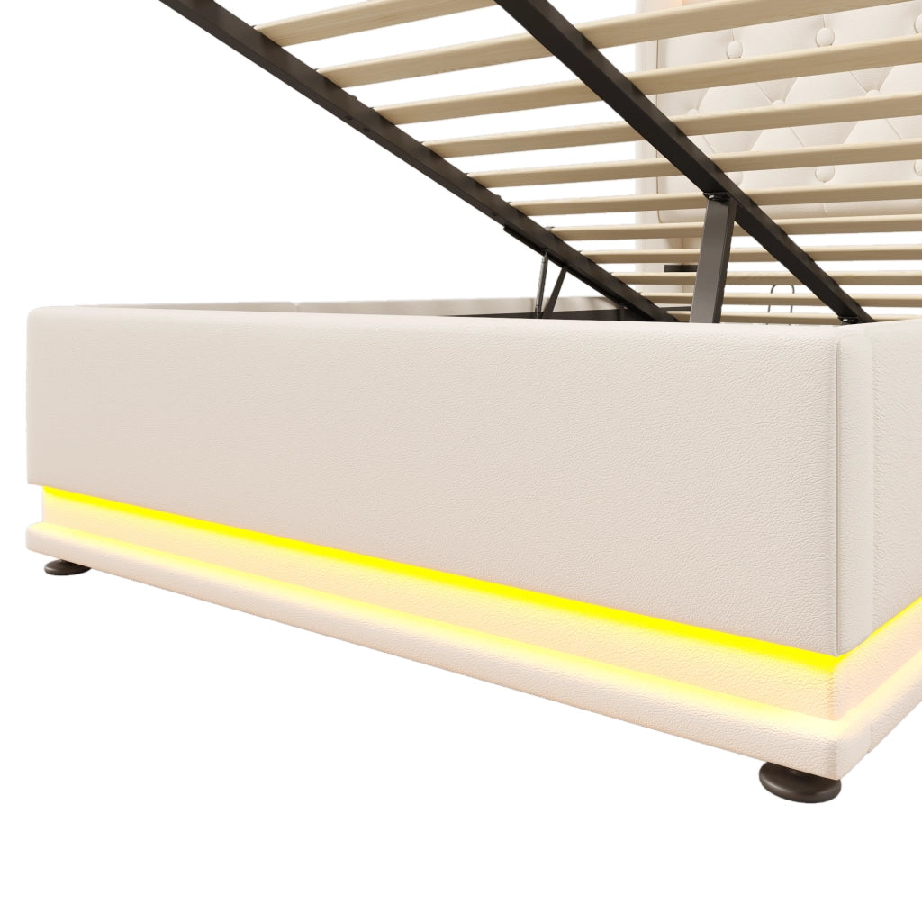 DESMIU Letto singolo 90 × 200 cm con contenitore, LED, USB e Type-C, con materasso, in PU, bianco
