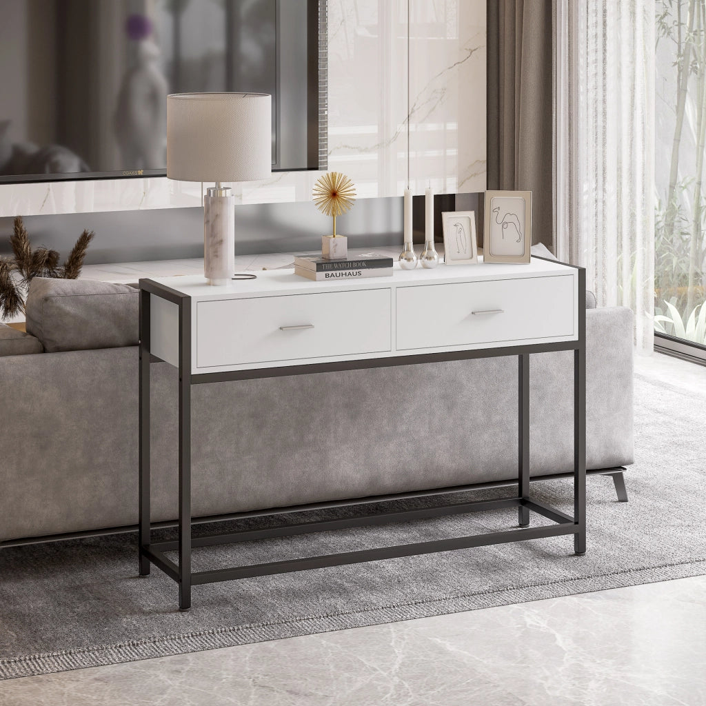 Consolle con 2 Cassetti e Gambe Regolabili ¨C zephmum ¨C Bianco e Nero 120x34x81 cm