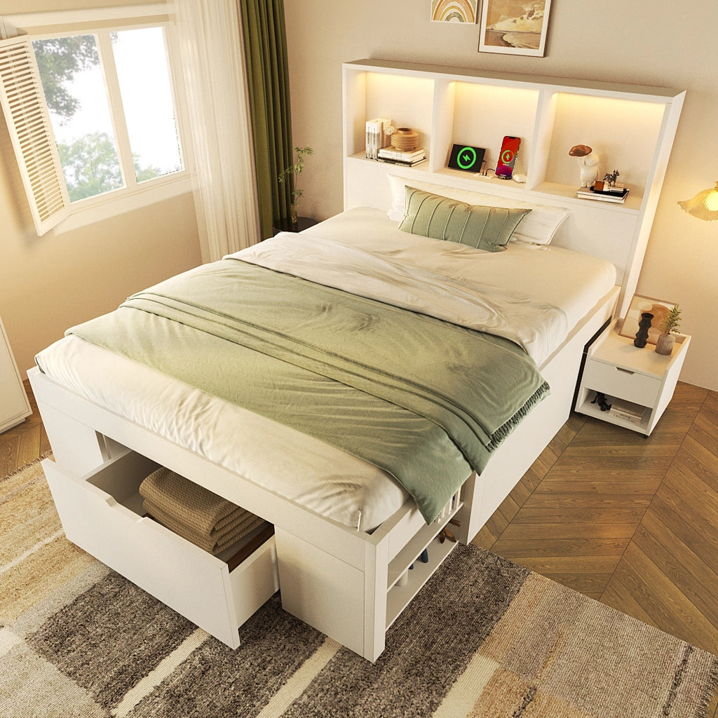 Letto Singolo con Cassetti e Comodino ¨C MINIMAL ¨C Bianco, Legno, LED, 90x200
