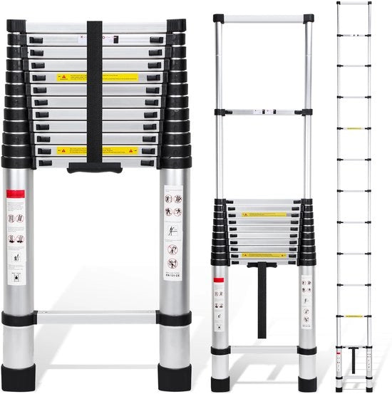 Scala Telescopica Riscaldabile - 5 Metri di Altezza - Dimensioni Ripiegata 93,5x48cm - Capacità di Carico 150kg - Costruzione in Alluminio