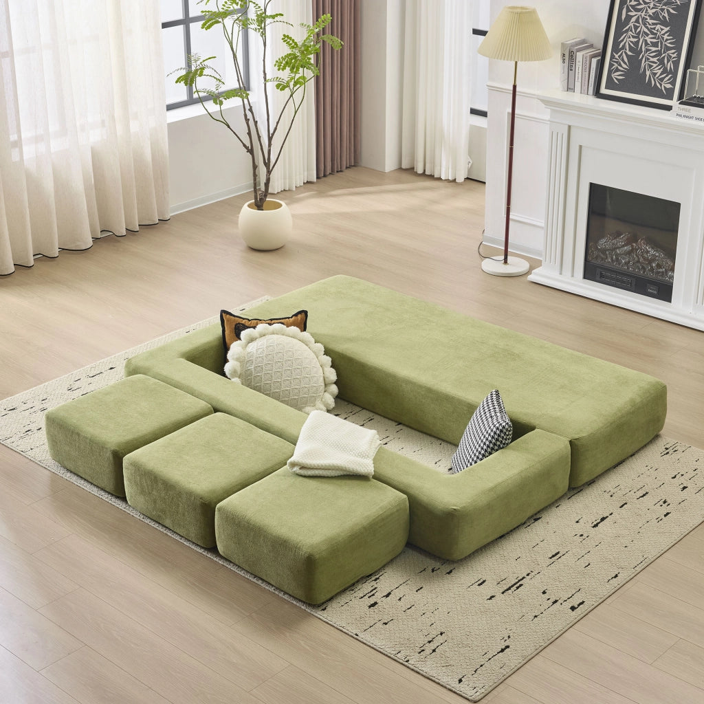 DIVANO LETTO Modulare multifunzione in chenille verde