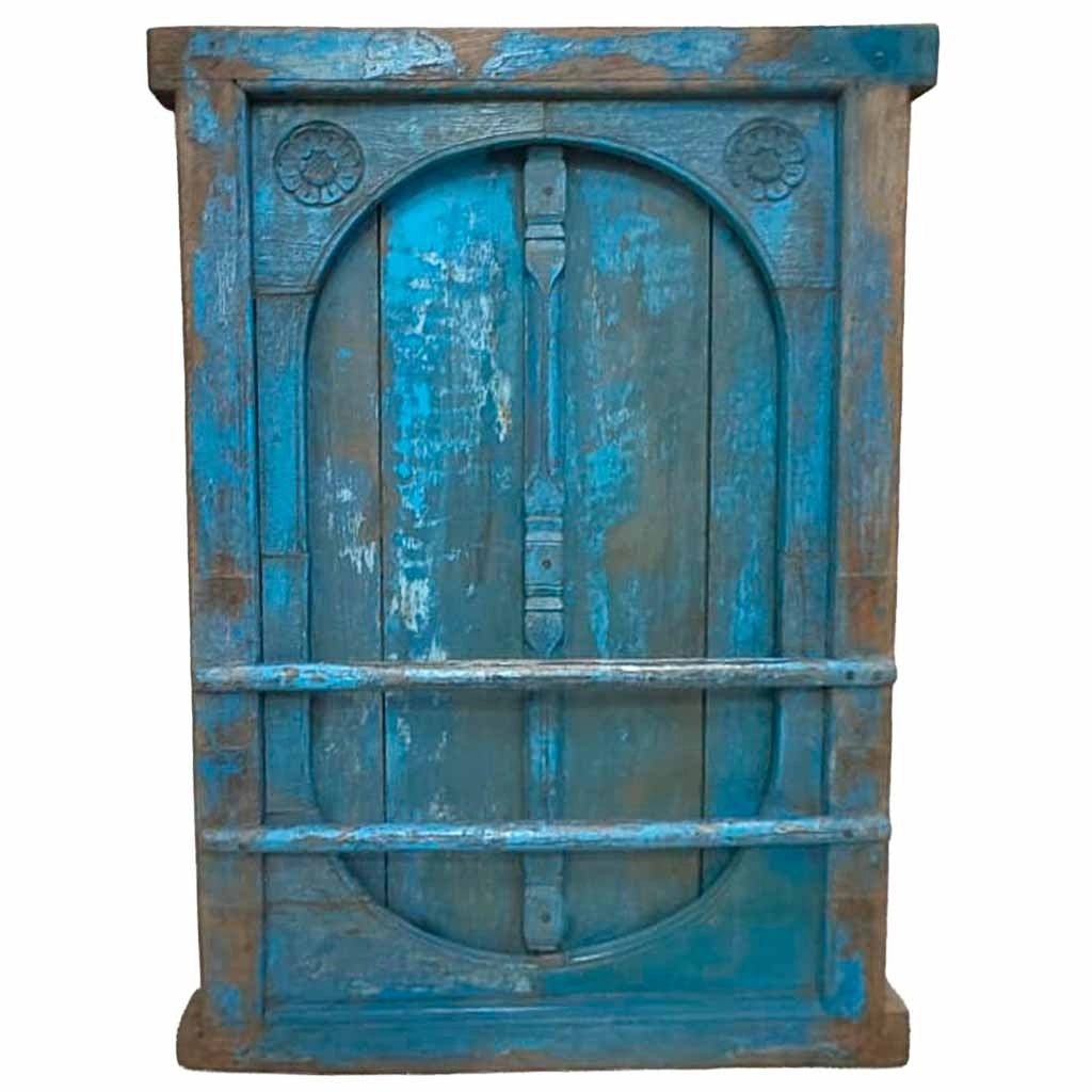 Finestra in legno con finitura artigianale blu 90x10x130 h cm