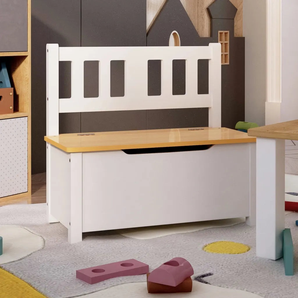 Cassapanca-Baule-Mobile di Stoccaggio per Bambini Bianca e Beige 60x30x55 cm in MDF
