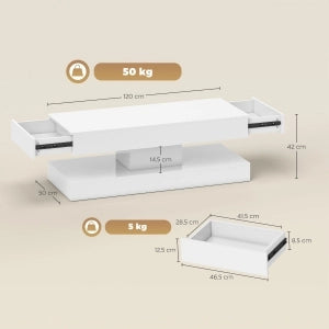 Tavolino basso con LED, 2 cassetti e vano aperto, finitura lucida, per soggiorno, in truciolato, bianco, 120 × 50 × 42 cm