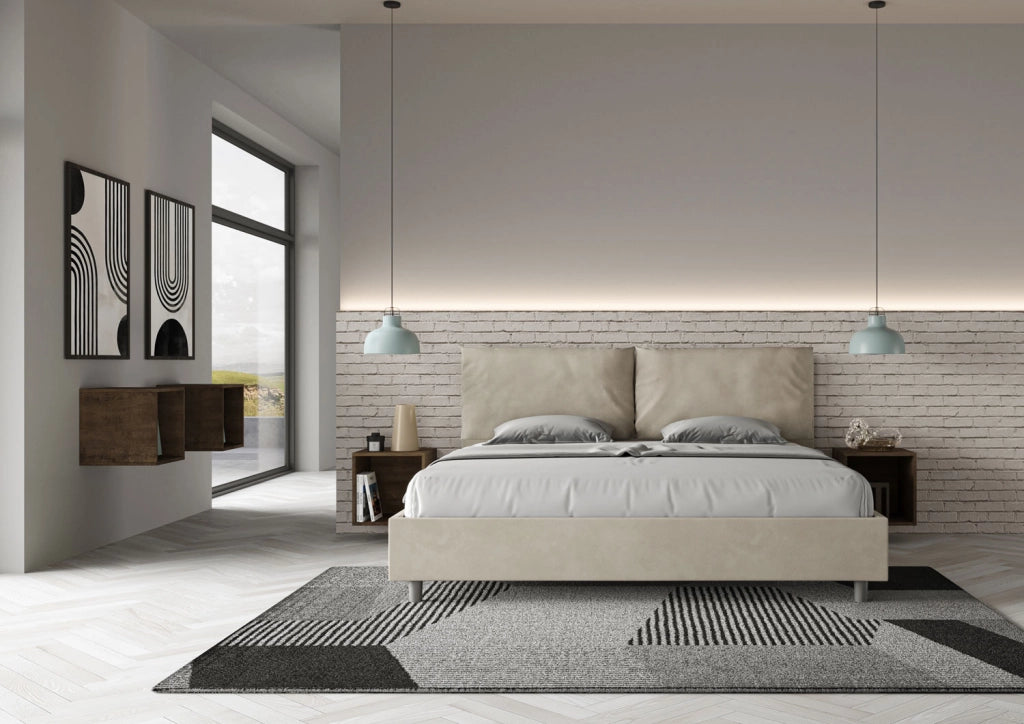 BS COM Letto matrimoniale king size con rete imbottito 200x210 microfibra sabbia
