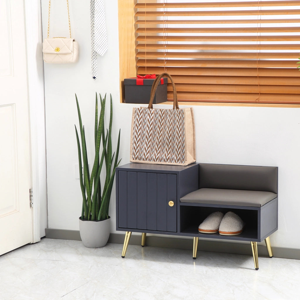 EasyComfort Mobile Scarpiera da Ingresso con Seduta Imbottita e Armadietto per 4 Paia di Scarpe, 80x33x49cm, Grigio