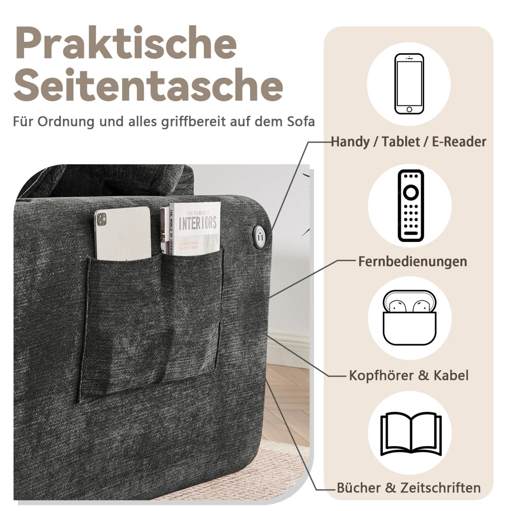 Divano a 2 posti compatto con tasche laterali portabevande e cuscini in chenille nero 220 × 100 × 89 cm