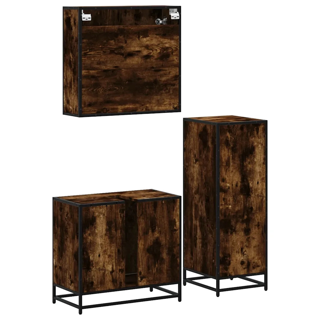 Set Mobili da Bagno | Armadio da bagno 3 pz Rovere Fumo in Legno Multistrato