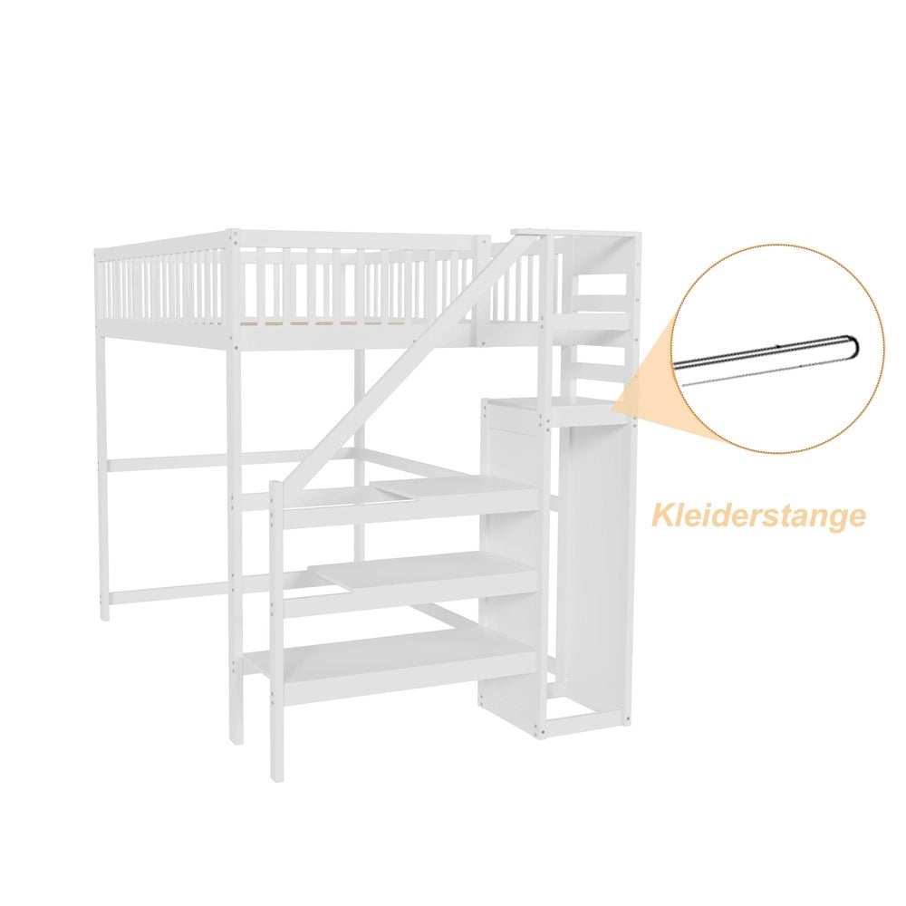 Letto a Soppalco con Scala e Armadio ¨C MINIMAL ¨C Legno Bianco 140x200