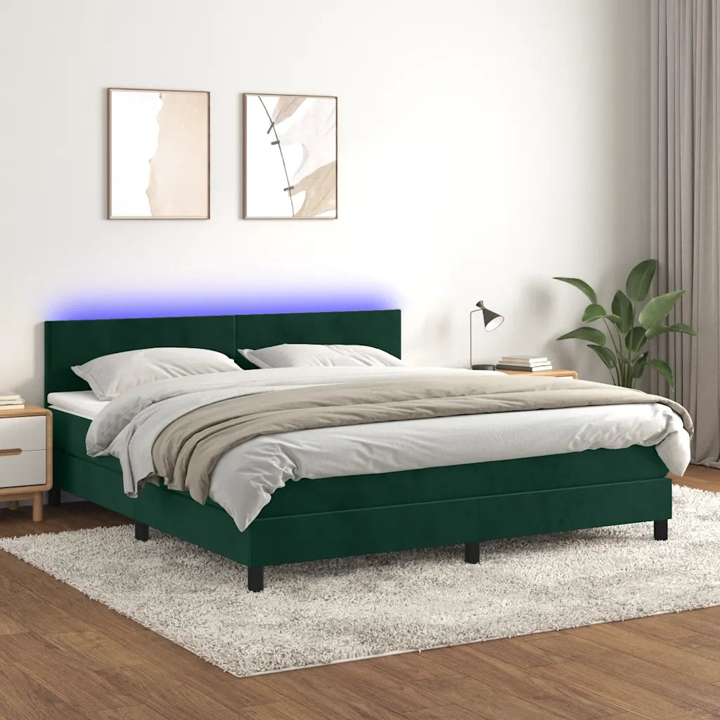 Letto a Molle con Materasso e LED Verde Scuro 160x200cm Velluto