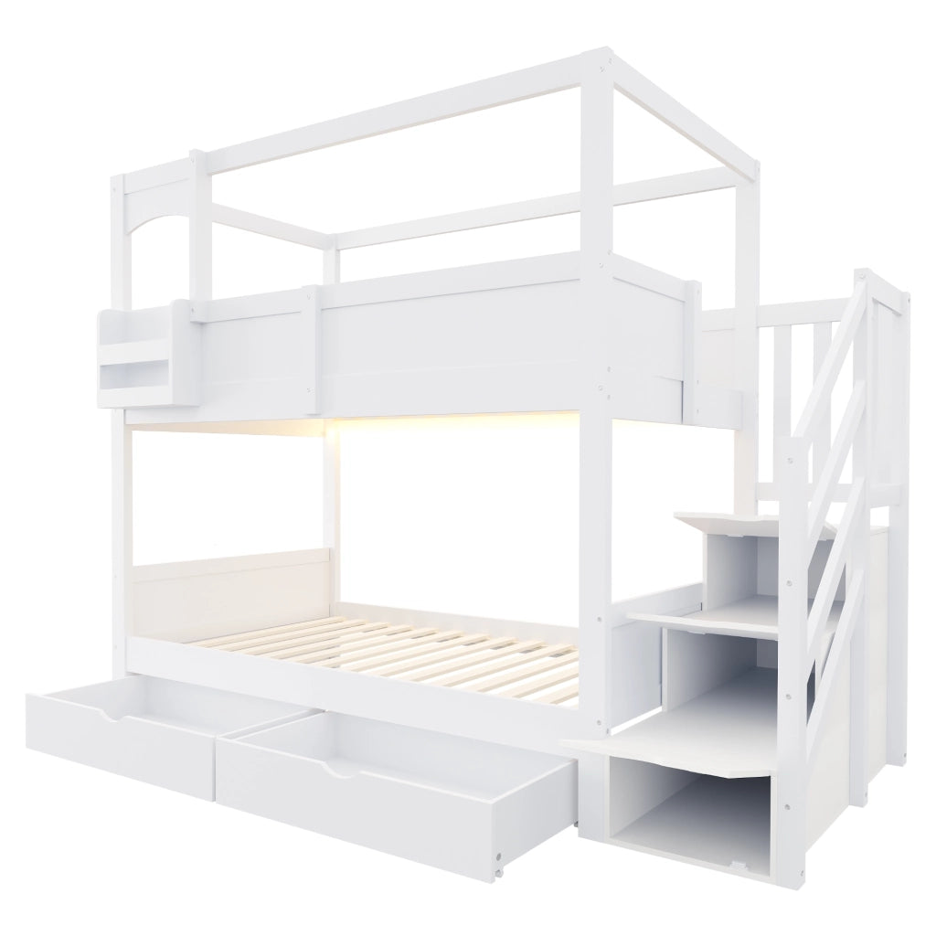 LETTO A CASTELLO 90x200 cm in legno bianco con scala contenitore e lavagna