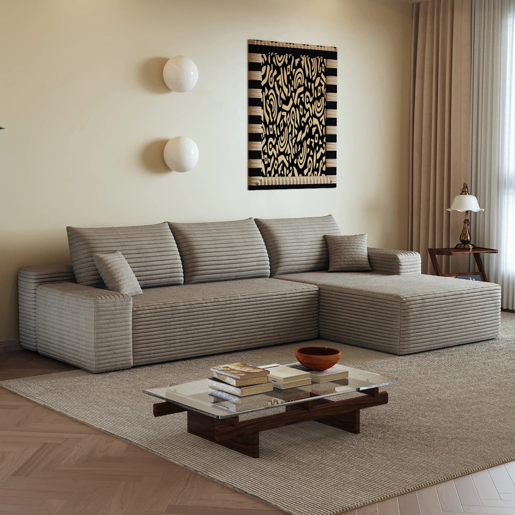 Divano angolare modulare con chaise longue e schiuma elastica in velluto a coste rigato camel