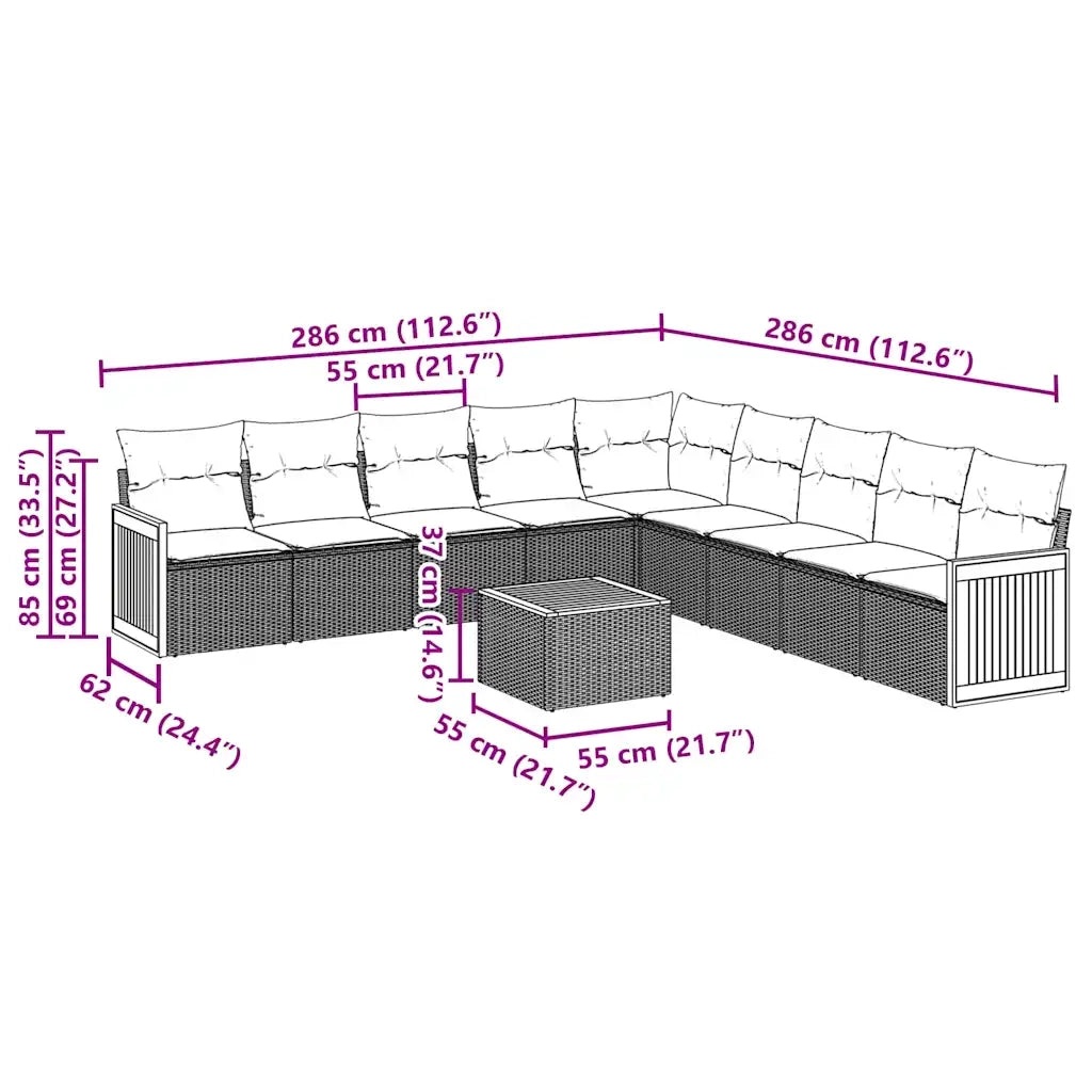 Set Divani da Giardino 10pz con Cuscini in Polyrattan Nero 3260145