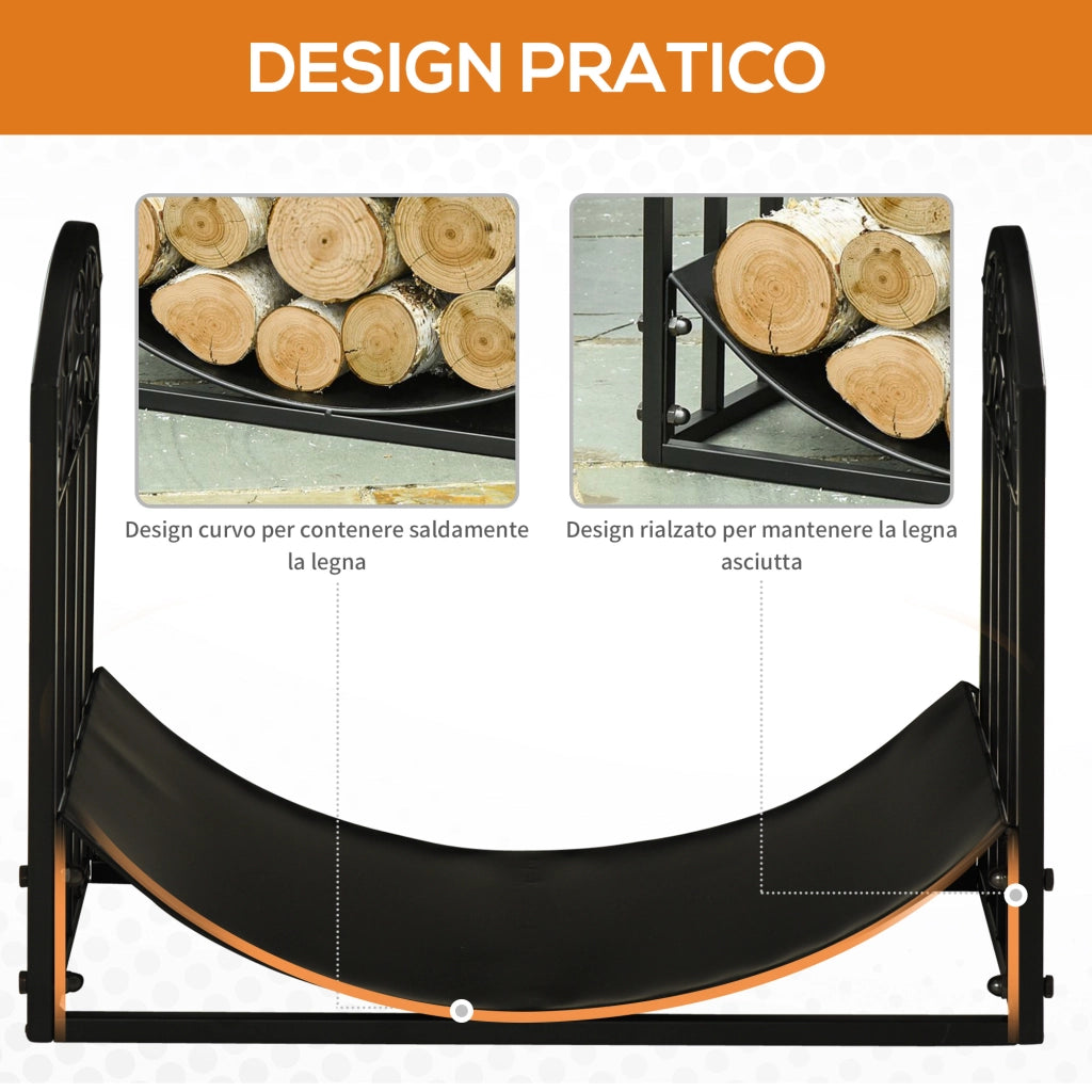 Portalegna da Interno ed Esterno in Metallo con Ripiano Curvo, Fino 60kg di Legna, Nero, 60.5x36x46.5cm