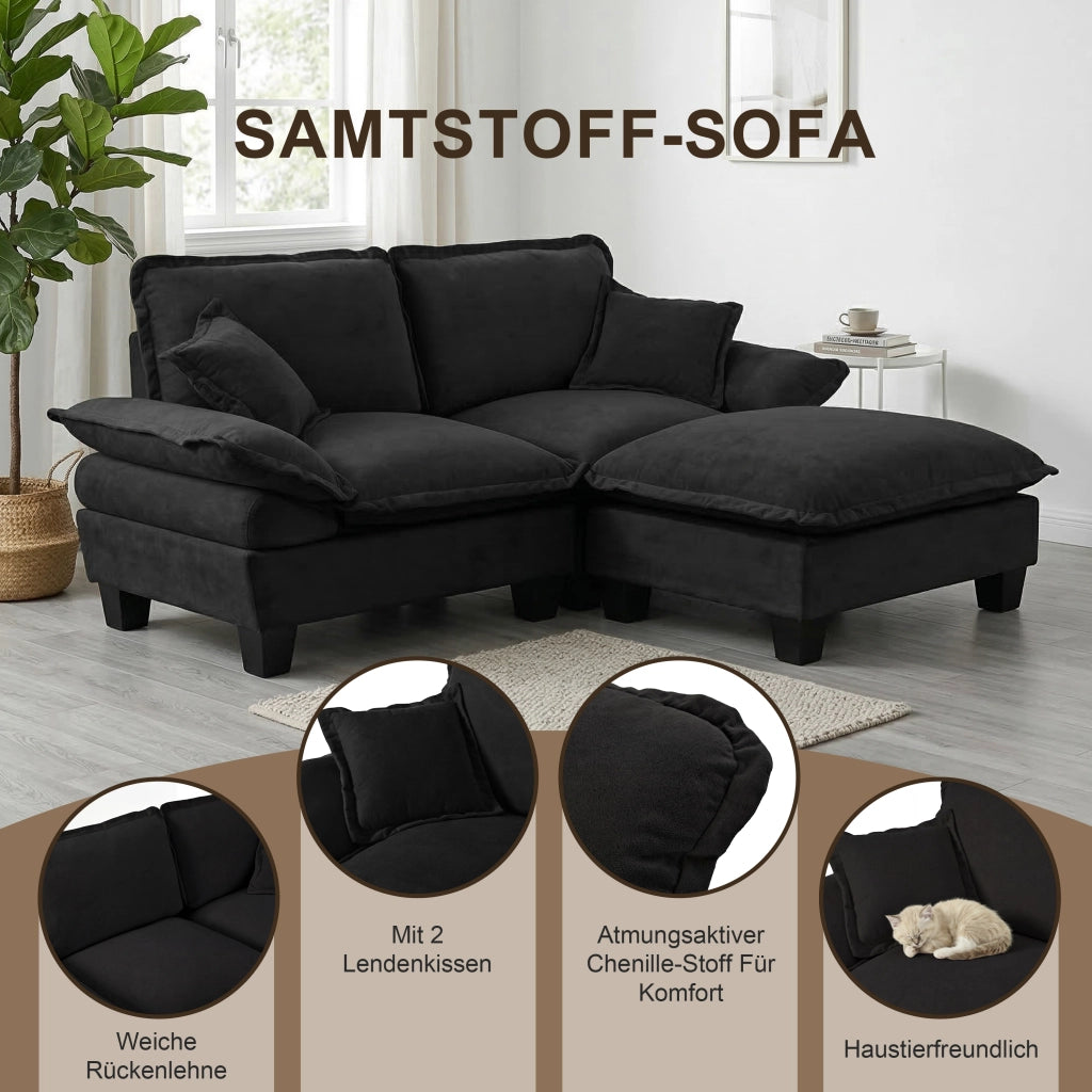 Divano modulare a U con ottomane mobili e cuscini, rivestimento in chenille nero 263 × 151 × 90 cm