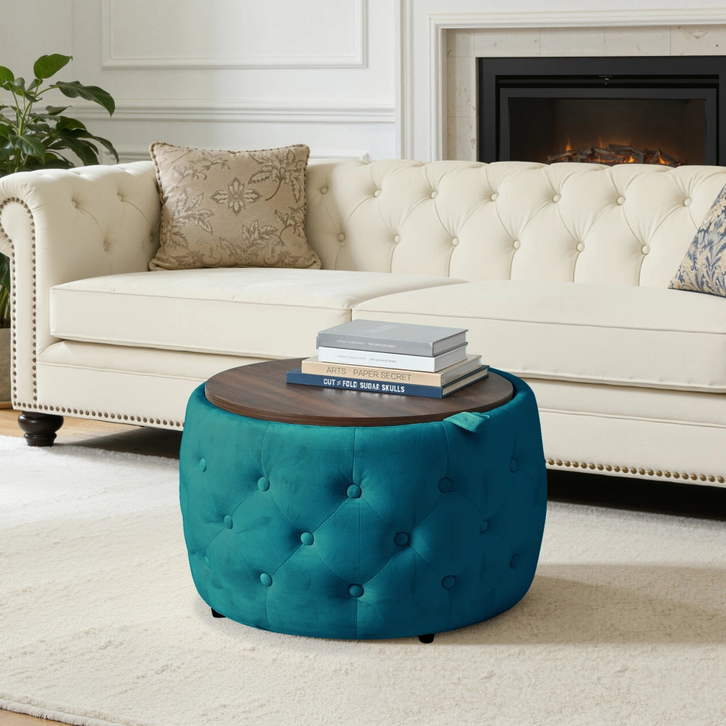 POUF Contenitore Rotondo in Velluto Blu Set da 2 pezzi 58 cm