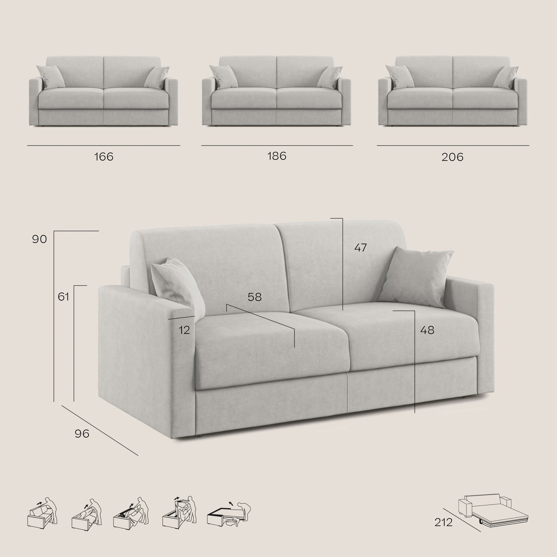 Divano Letto 3 Posti 206x92x96 cm in Tessuto Blu