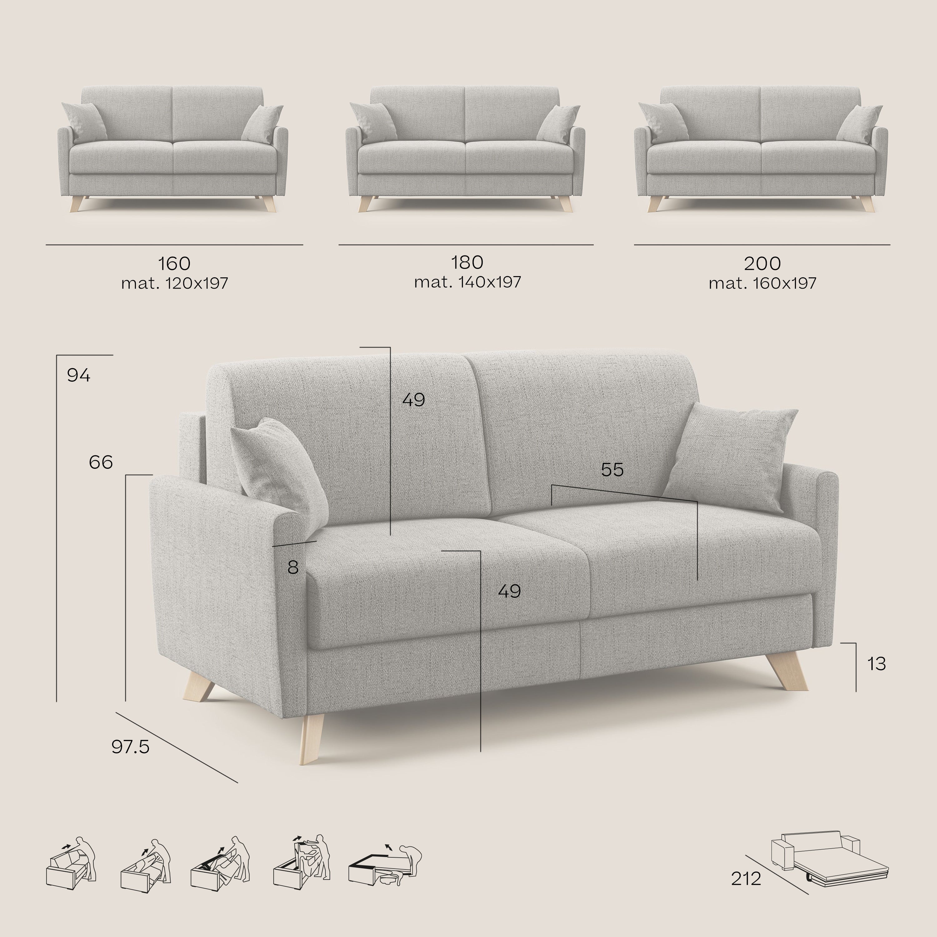 Divano Letto 3 Posti 180x94x97 cm in Tessuto Grigio Chiaro
