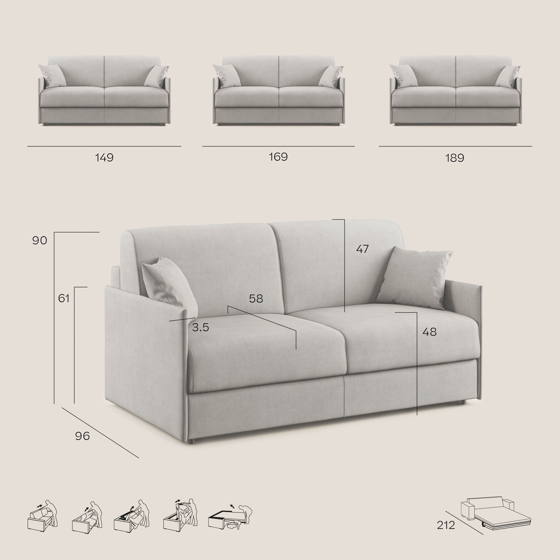 Divano Letto 3 Posti 189x96x96 cm in Tessuto Antracite