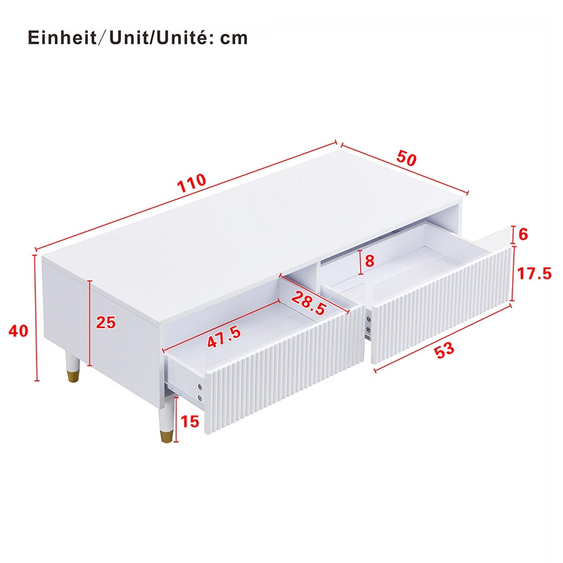 Mobile TV e Tavolino con LED ¨C MINIMAL ¨C Bianco con Design Oro, Ante in Acrilico, 4 Ante