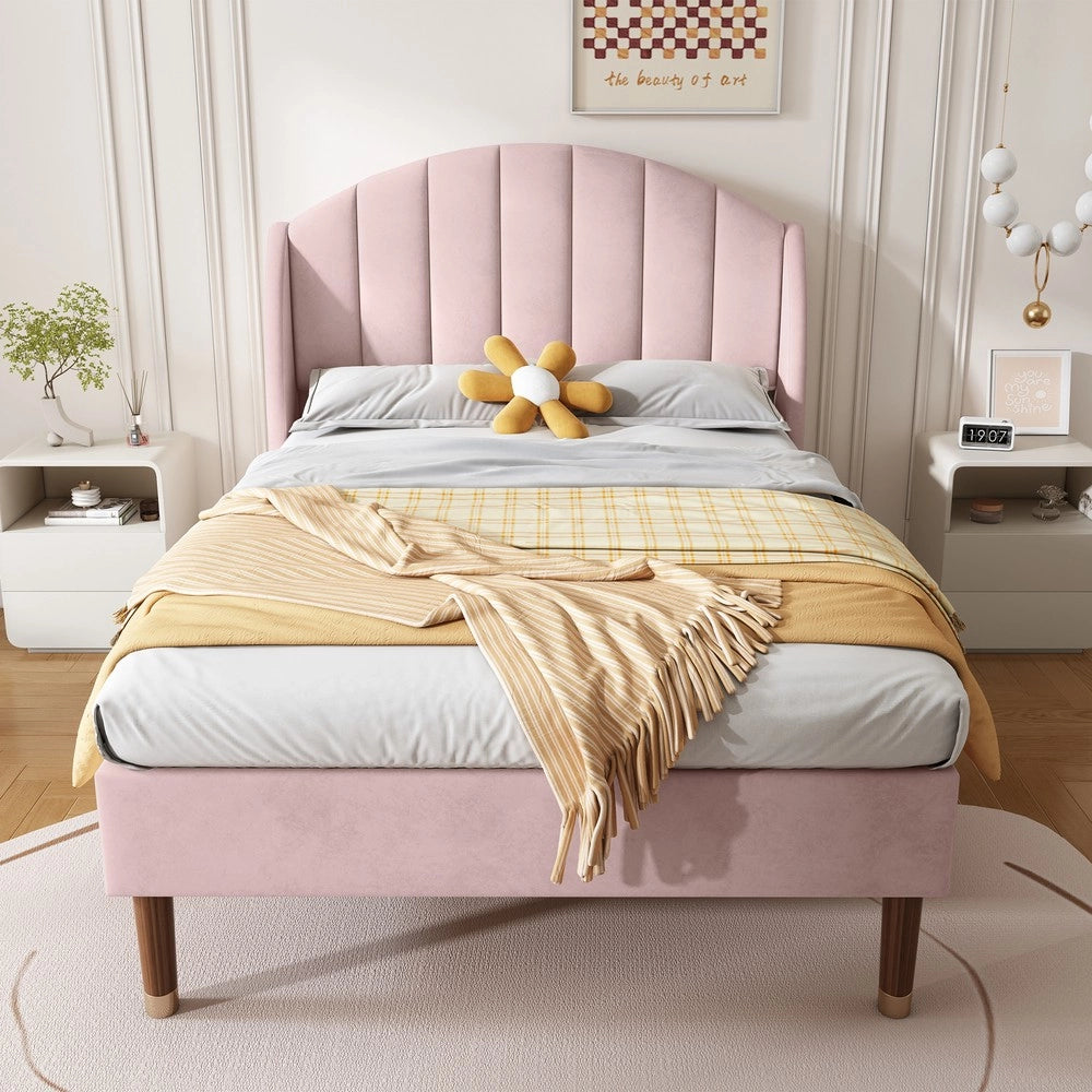 Letto Singolo Imbottito con Rete a Doghe e Testiera ¨C MINIMAL ¨C Velluto Rosa 90x200